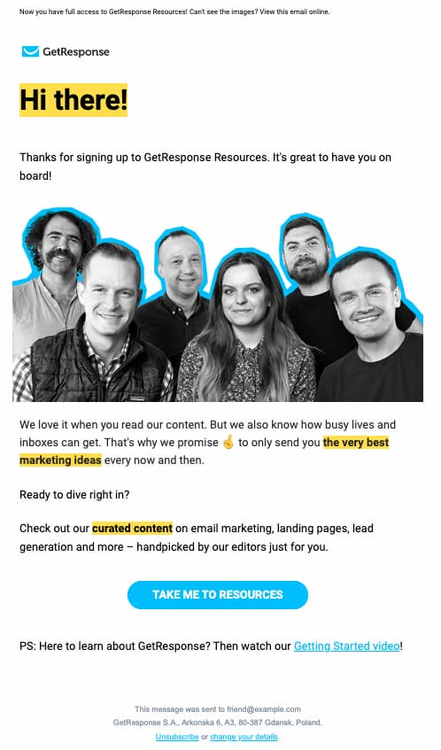 Welcome email example from the GetResponse Content Team :)