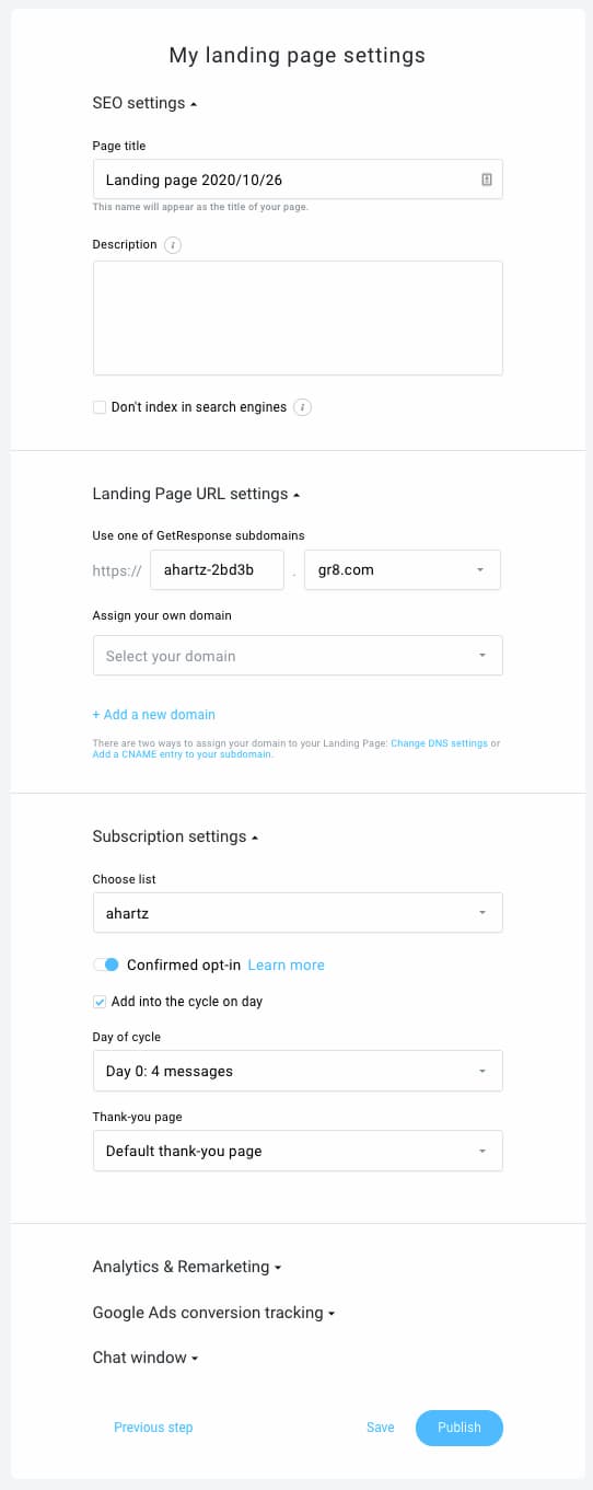 Landing page settings in GetResponse.