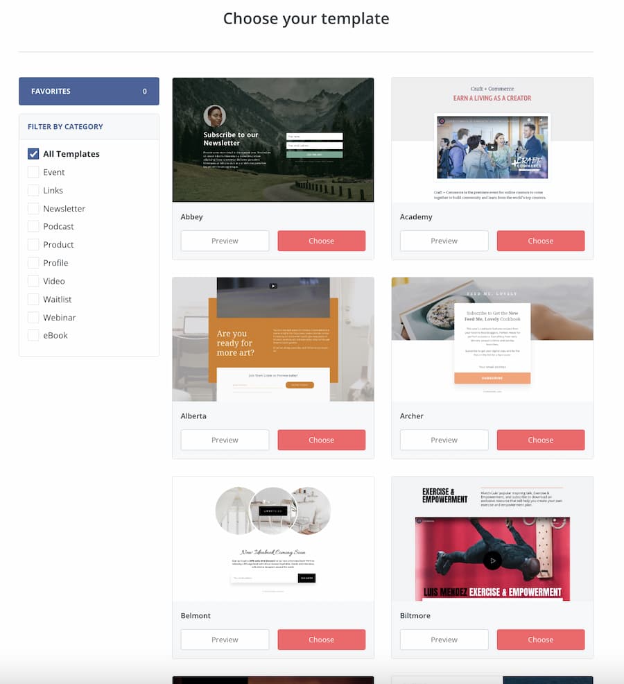 Landing page templates in ConvertKit.