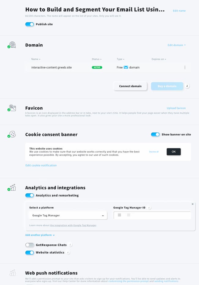 Webinar registration page settings where you can, among other things, integrate the page with GA, GTM, or assign your own subdomain.