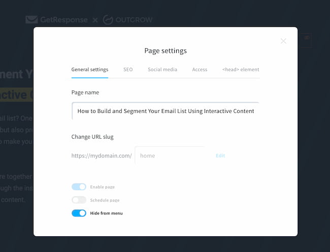 Adjusting the page settings inside the GetResponse Website Builder