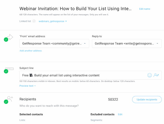 Webinar invitation email settings where you can specify, among other things, the message name, subject line, or the recipients.