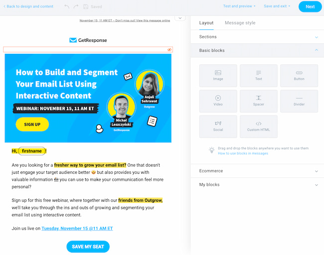 Designing the webinar invitation email using GetResponse Email Creator