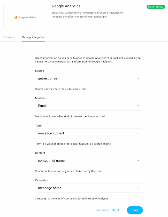Google Analytics integration configuration inside GetResponse.