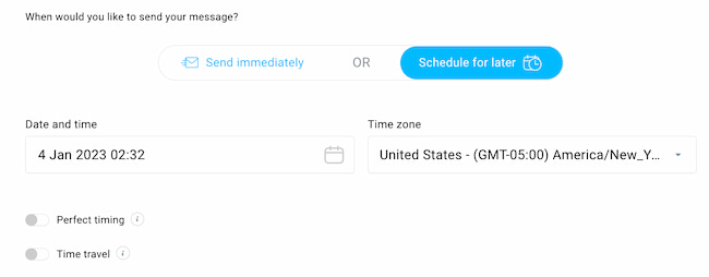 Email scheduling options including – send immediately, schedule for later, perfect timing, and time travel.