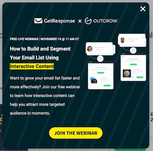Example of a website popup we used to promote the webinar campaign