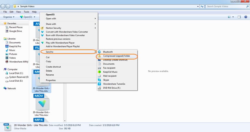 Compressing a file in Windows.