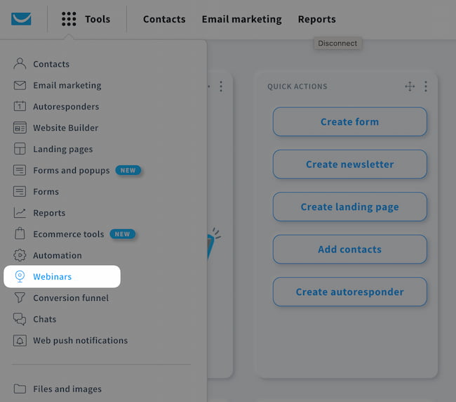 Accessing the GetResponse Webinars tool from the main menu