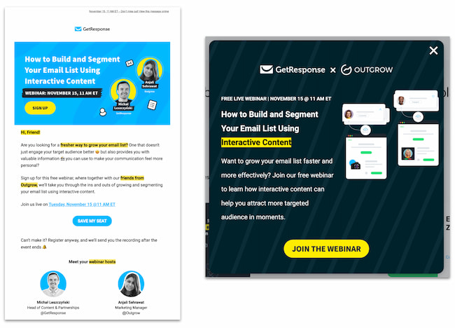 Image showing a webinar invitation email and a website popup promoting a webinar.