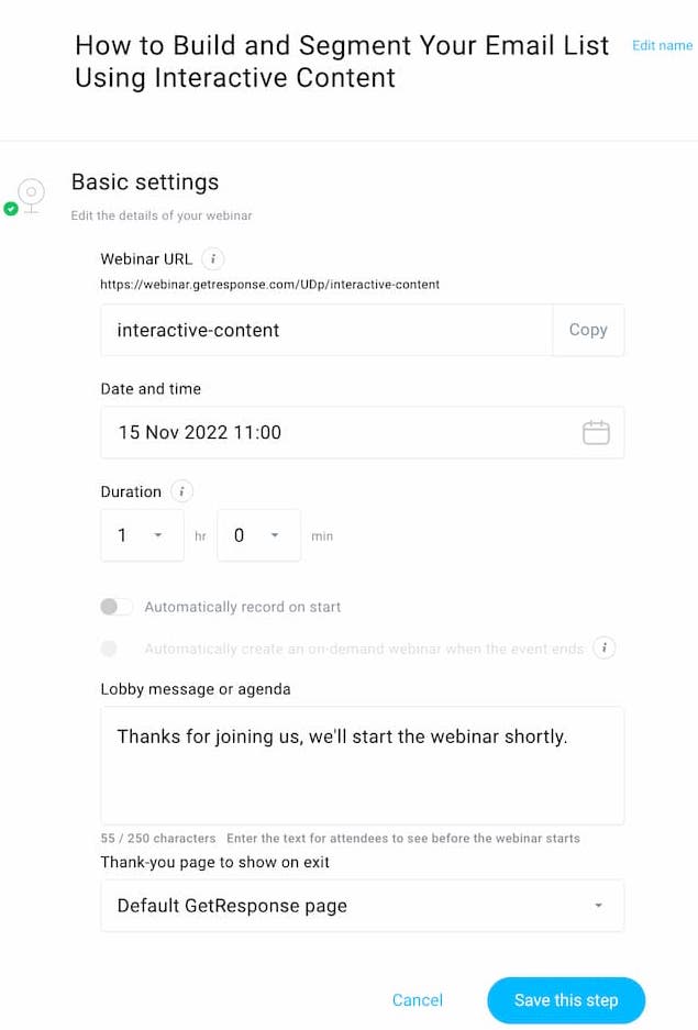 Example of the basic webinar settings we at GetResponse use to run our webinar campaigns.