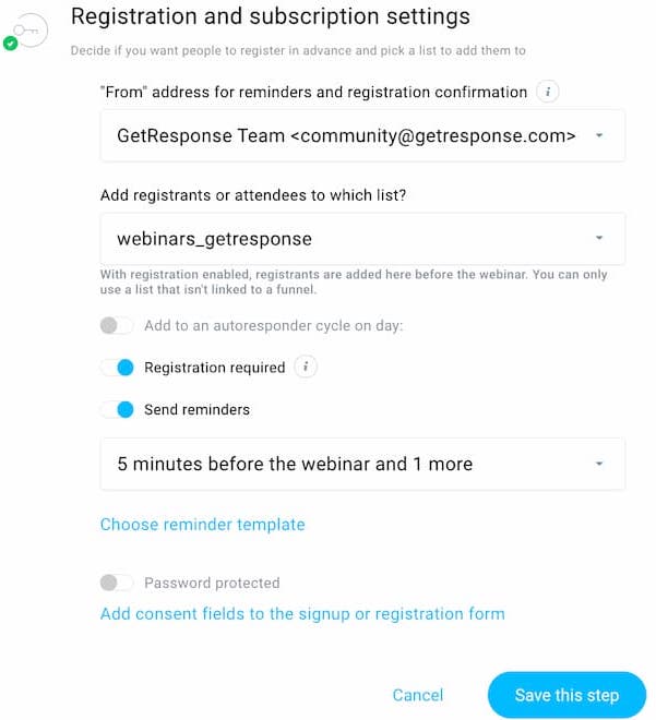 Webinar registration and subscription settings we at GetResponse use to run our webinar campaigns