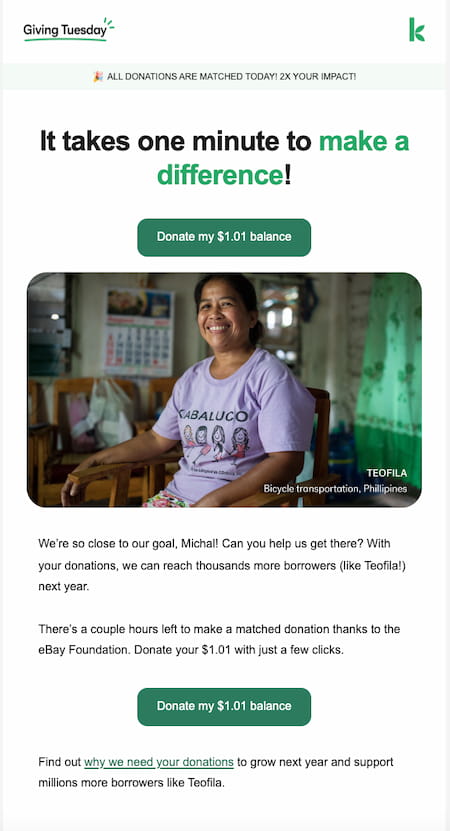 Personalized CTA button copy using the information about the user's account balance – email from Kiva.