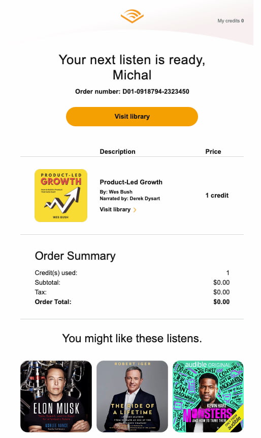 Audible providing recommendations in their transactional emails