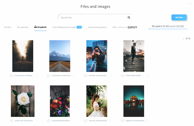 GetResponse Landing Pages come with free images from Unsplash, Shutterstock, and Giphy