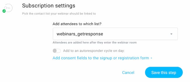 Subscription settings for on-demand webinars in GetResponse.