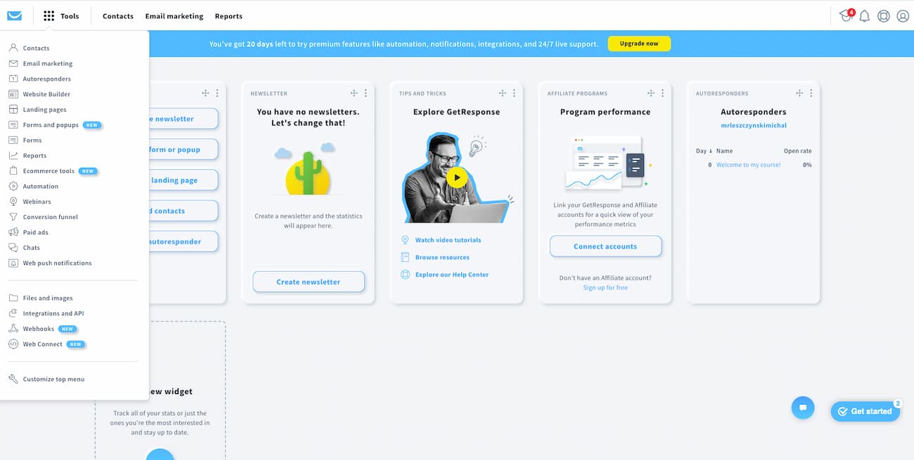 GetResponse vs. Mailchimp comparison. Picture shows the GetResponse dashboard with the Tools listed unfolded.