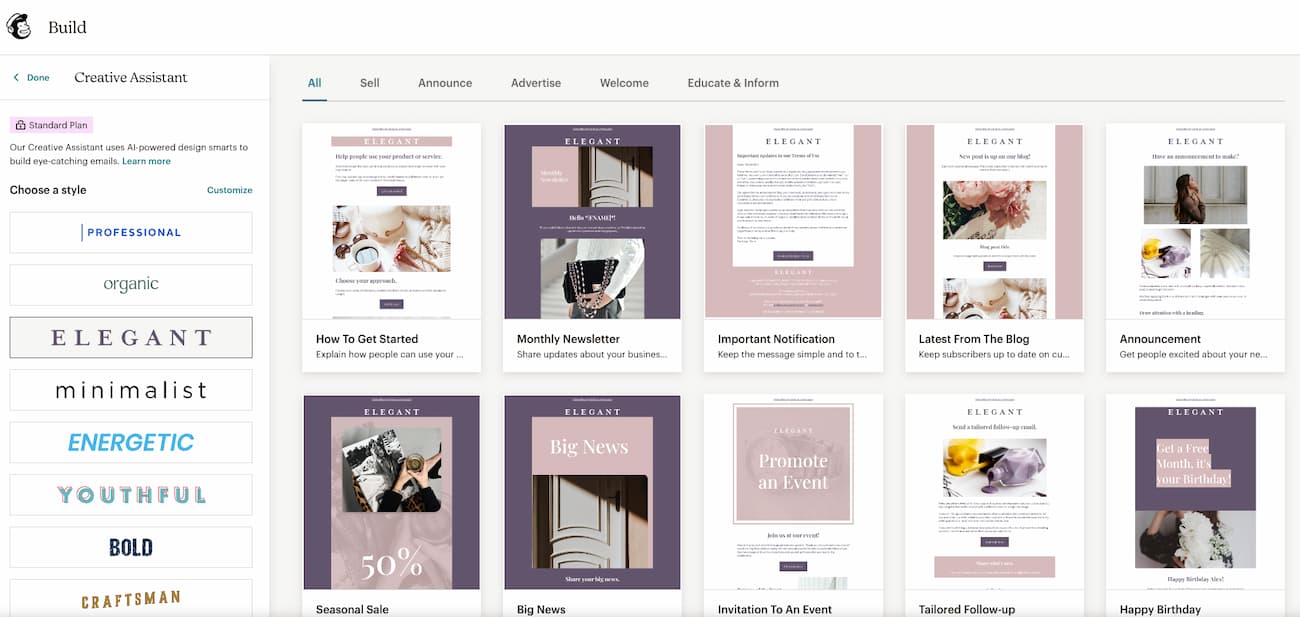 Mailchimp's creative assistant helps you create emails using your website's styling.