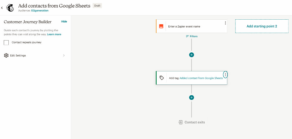 Mailchimp's automation builder with a loaded template that lets you add new contacts from Google Sheets via Zapier.