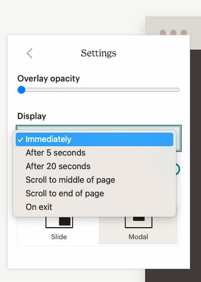 Mailchimp popup display settings.