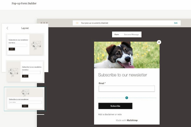 Mailchimp popup editor and templates