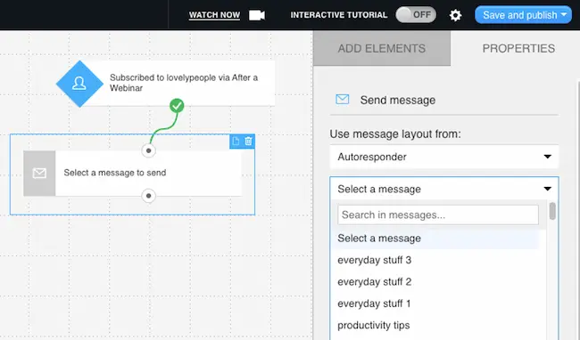 Choosing the message you want to send after someone joins your marketing automation workflow