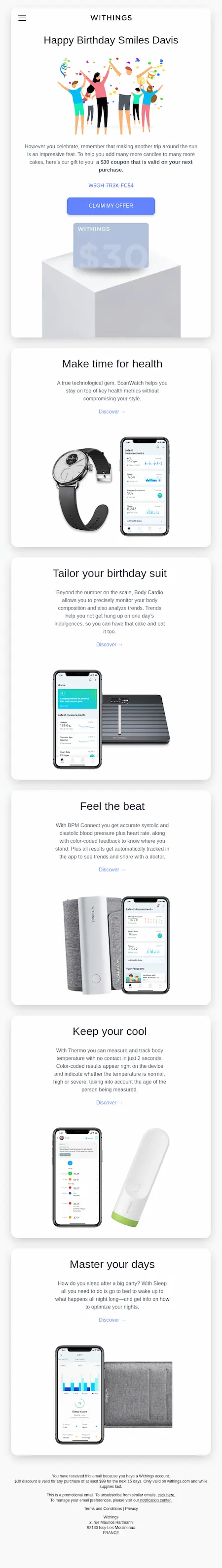 Birthday email example from Withings.