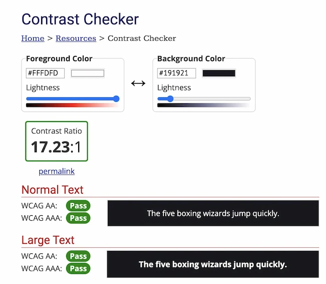 Contrast check results based on the colors used in the previously shown popup template.