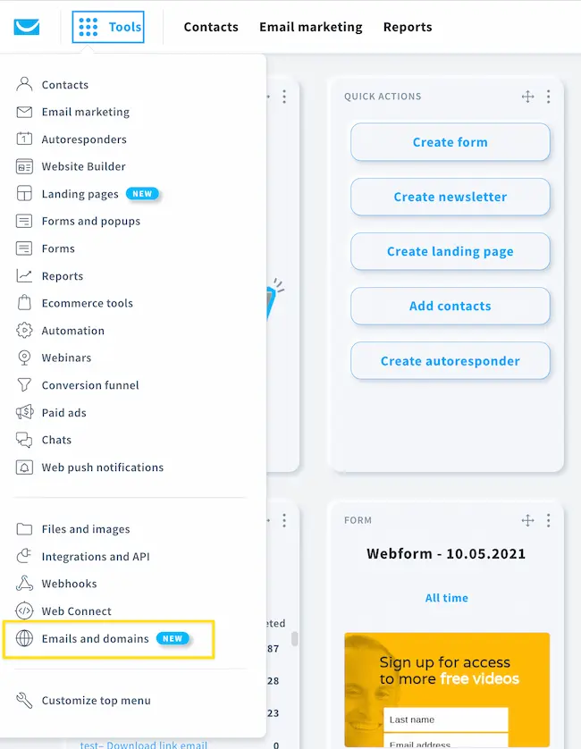 Selecting Emails and domains settings in GetResponse dashboard.