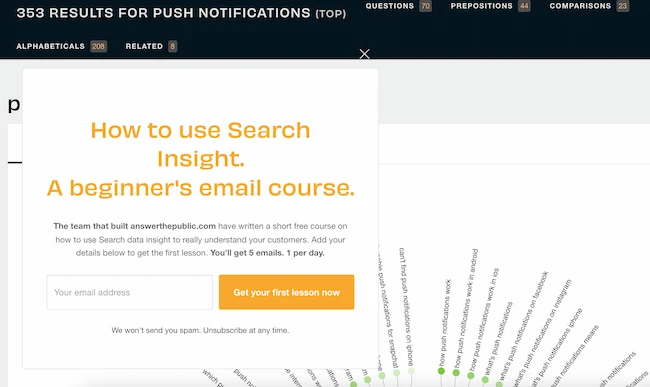 Example of an email course offered to AnswerThePublic users