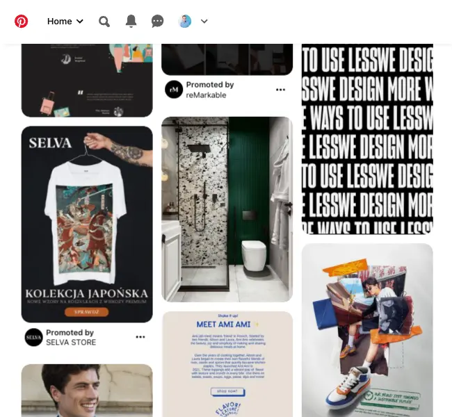 Pinterest feed with organic and promoted pins tailored to the user