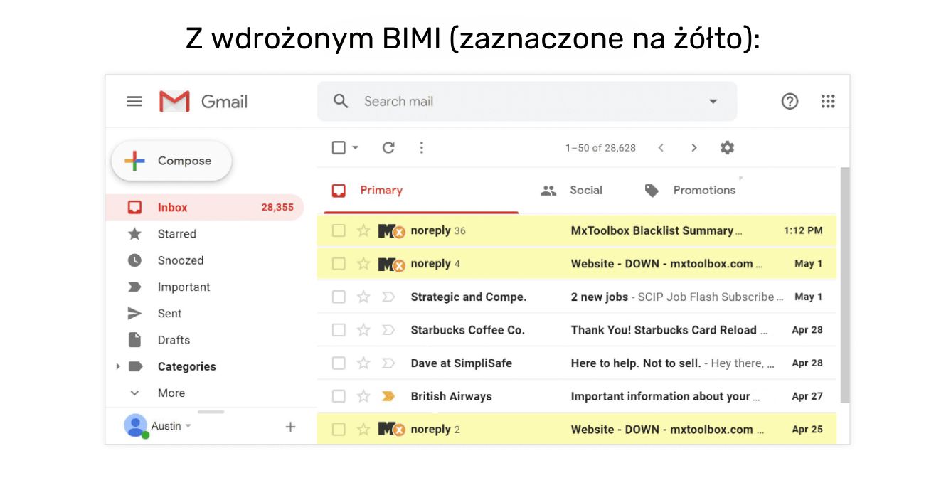 Widok BIMI w skrzynce odbiorczej