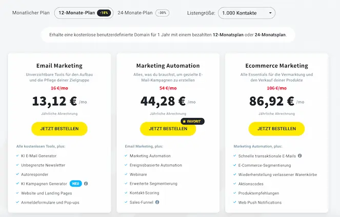 Preistabelle GetResponse - 12-Monate-Plan mit 1.000 Kontakten