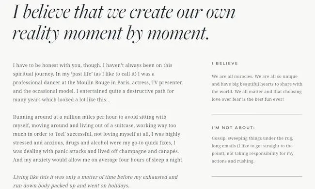 About section on Melissa Ambrosini's website