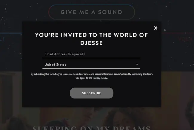 A popup signup form for musicians.