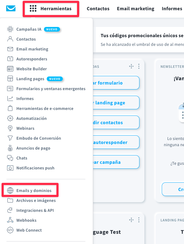 configuración del dominio de herramientas de email marketing en getresponse