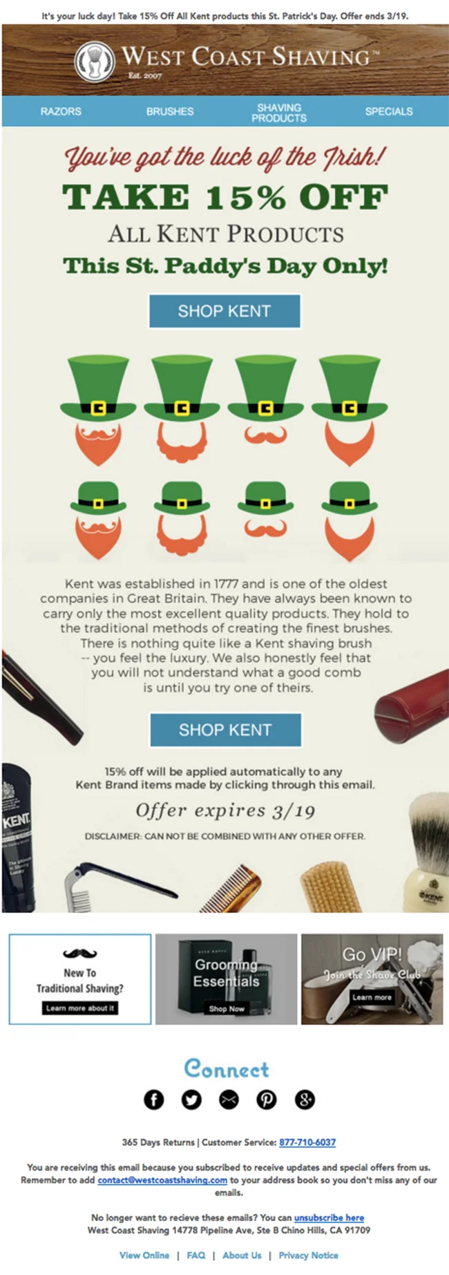 West Coast Shaving St. Patrick's day email campaign