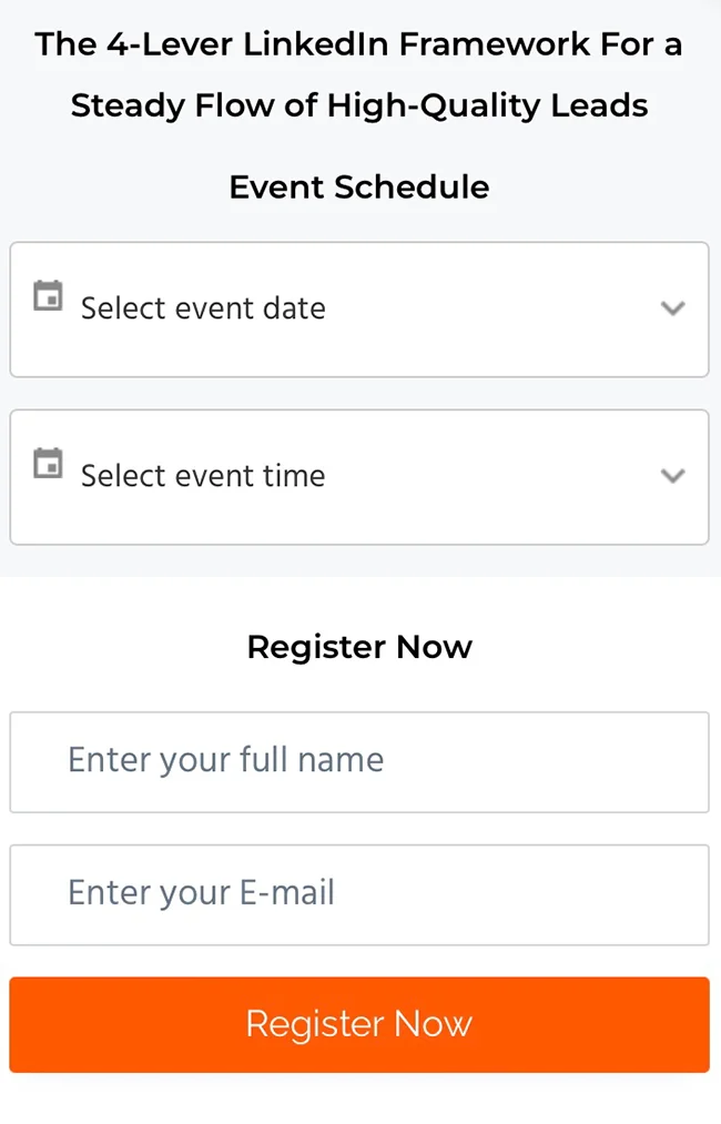 A registration form for a LinkedIn event titled 'The 4-Lever LinkedIn Framework For a Steady Flow of High-Quality Leads', with fields for event date, time, full name, and email.