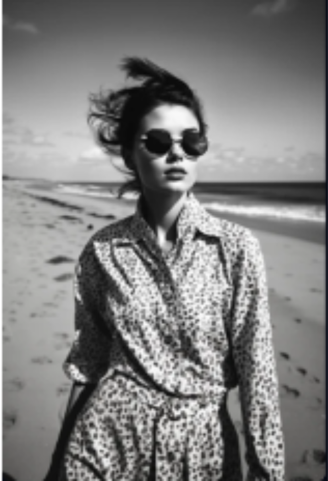 An AI generated A black and white photo of a woman on the beach, dressed in a patterned outfit with sunglasses, looking contemplatively to the side, her hair tousled by the wind.