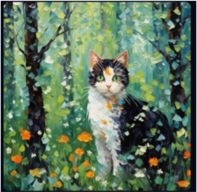 An AI generated impressionistic painting of a calico cat in a lush green forest with orange flowers, showcasing textured brushstrokes and vibrant colors, giving a sense of the natural environment.