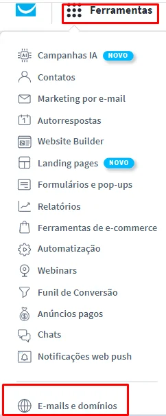 emails e domínios no menu da GetResponse