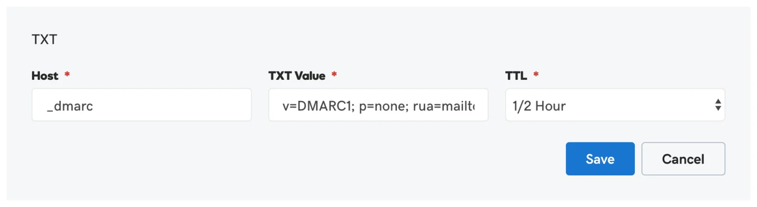 exemplo de registro DMARC nas configurações de DNS