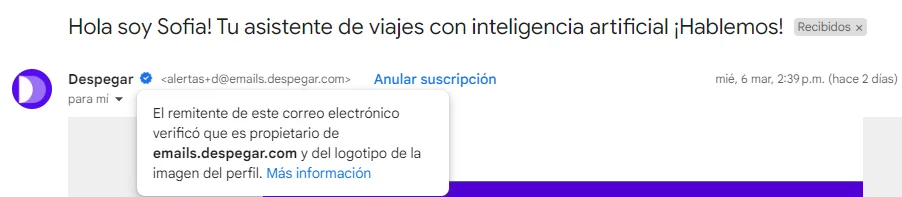 despegar verificación de correo electrónico en Gmail