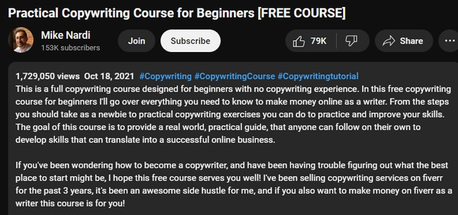 YouTube interface showing Mike Nardi's Practical Copywriting Course for beginners.