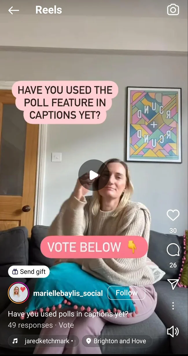 A screenshot of a social media reel featuring a poll about caption use, engaging with viewers for interactive content.