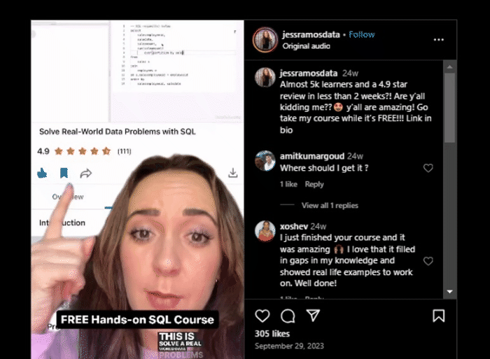 Jess Ramosa's use of instagram reels to promote and market her online courses