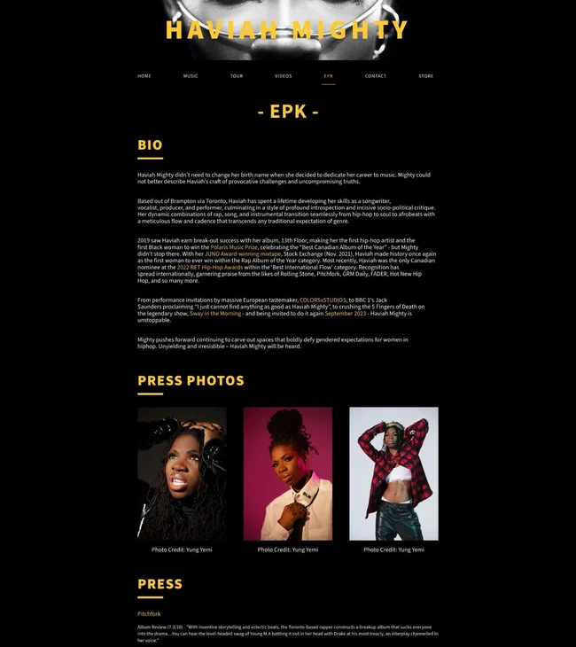 An excerpt from Haviah Mighty's EPK showcasing her biography and highlighting her achievements in music.