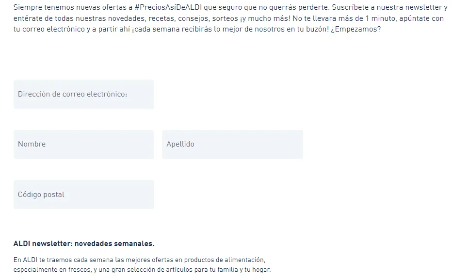 ejemplo de formulario de suscripción a la newsletter de la empresa Aldi 