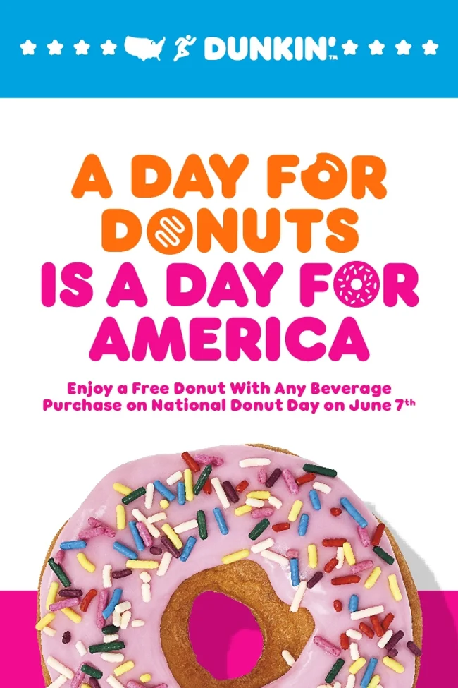 Dunkin' celebrating National Donut Day with a free donut offer.