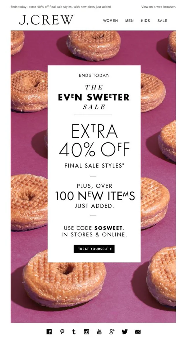 J.Crew promoting their Even Sweeter Sale with extra 40% off final sale styles.