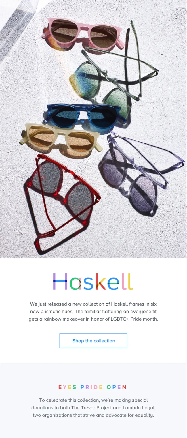 Haskell promoting a new collection of sunglasses for LGBTQ+ Pride month.